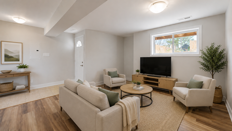 A living room with a couch, chairs, and a television.