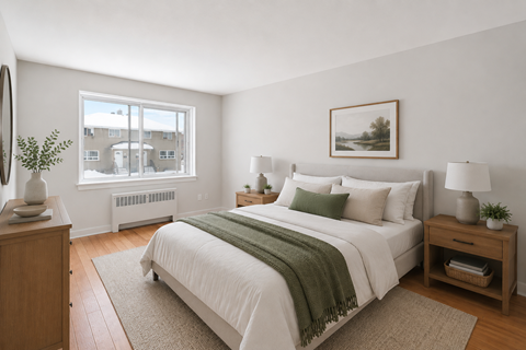 A bedroom with a large bed and a window showing a snowy scene outside.