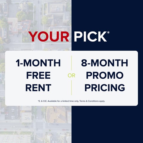 A promotional image offering either a free rent for a month or a promo pricing for 8 months.