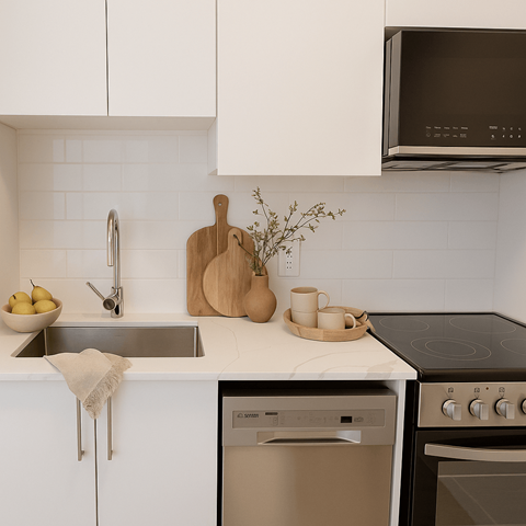 A kitchen with a stove, oven, and sink.