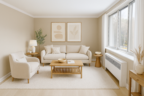 A living room with a white sofa, a white armchair, a wooden coffee table, and a white radiator.