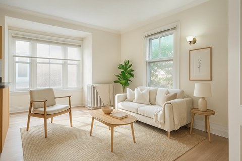 A living room with a white couch, a chair, a coffee table, and a plant.