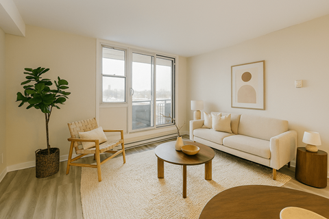 A living room with a couch, chair, and table.