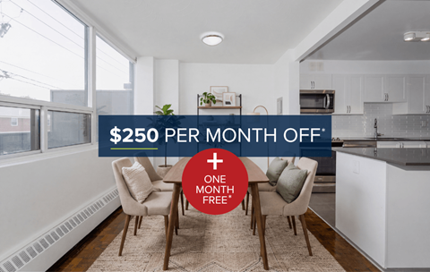 A kitchen with a dining table and chairs is on sale for $250 per month.