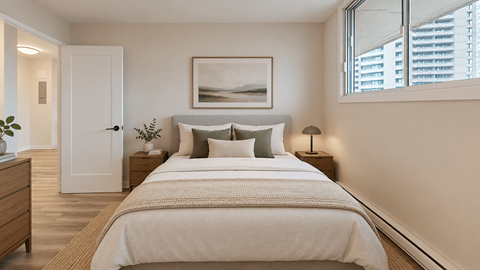 A bedroom with a large bed, a nightstand, and a painting on the wall.