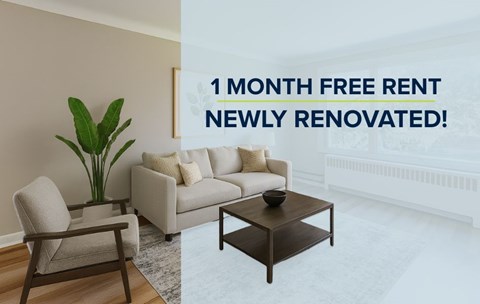 A living room with a sofa, chair, and coffee table is advertised for a free one-month rent.