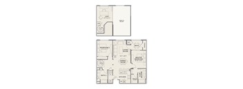 A floor plan of a small apartment with two bedrooms and a living room.
