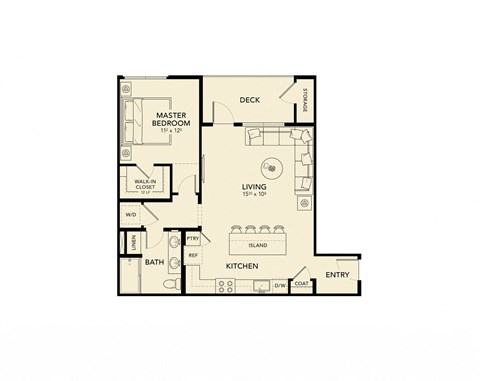 1 bed 1 bath floor plan D at Luma at El Corazon Apartments, Oceanside, California