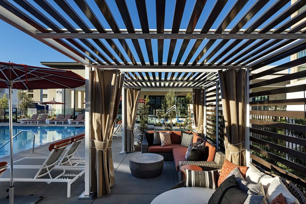 the lounge or bar area at the barcelona pavilion at Luma at El Corazon Apartments, California 92056