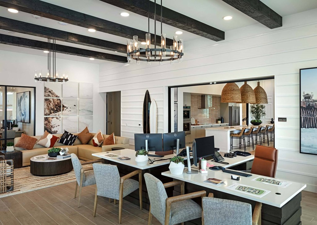 a living room and dining room with a table and chairs at Luma at El Corazon Apartments, Oceanside, CA 92056