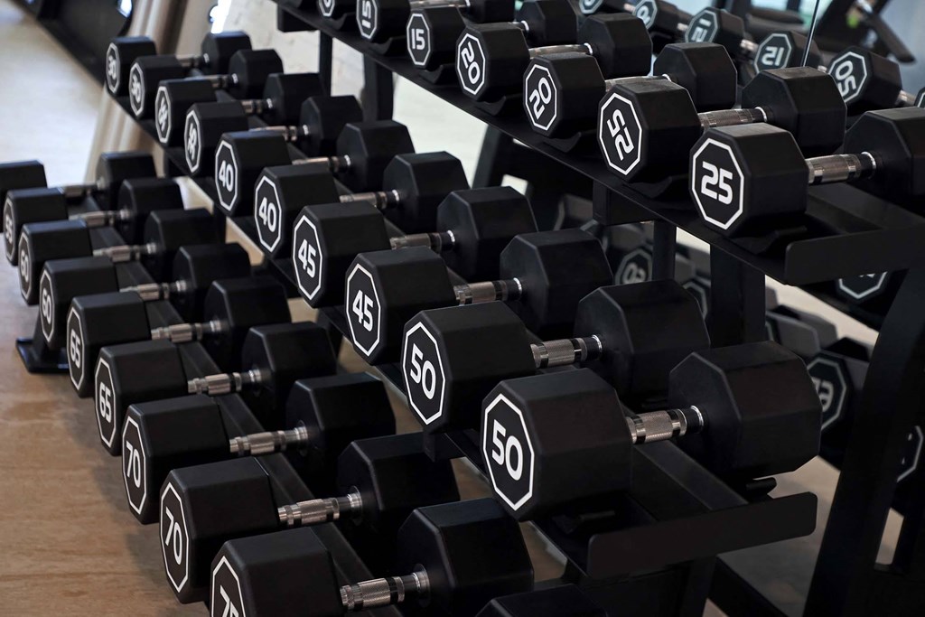 a row of dumbbells in a gym at Luma at El Corazon Apartments, Oceanside, CA