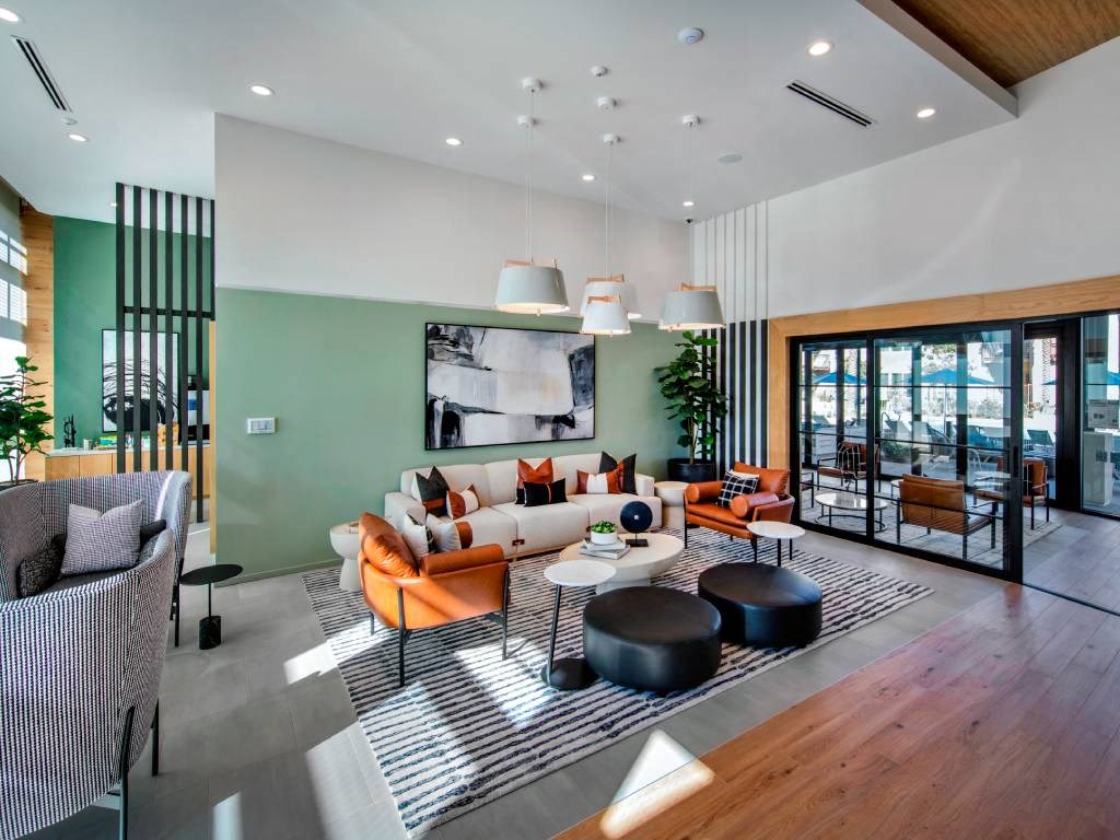 a living room with a couch and a table