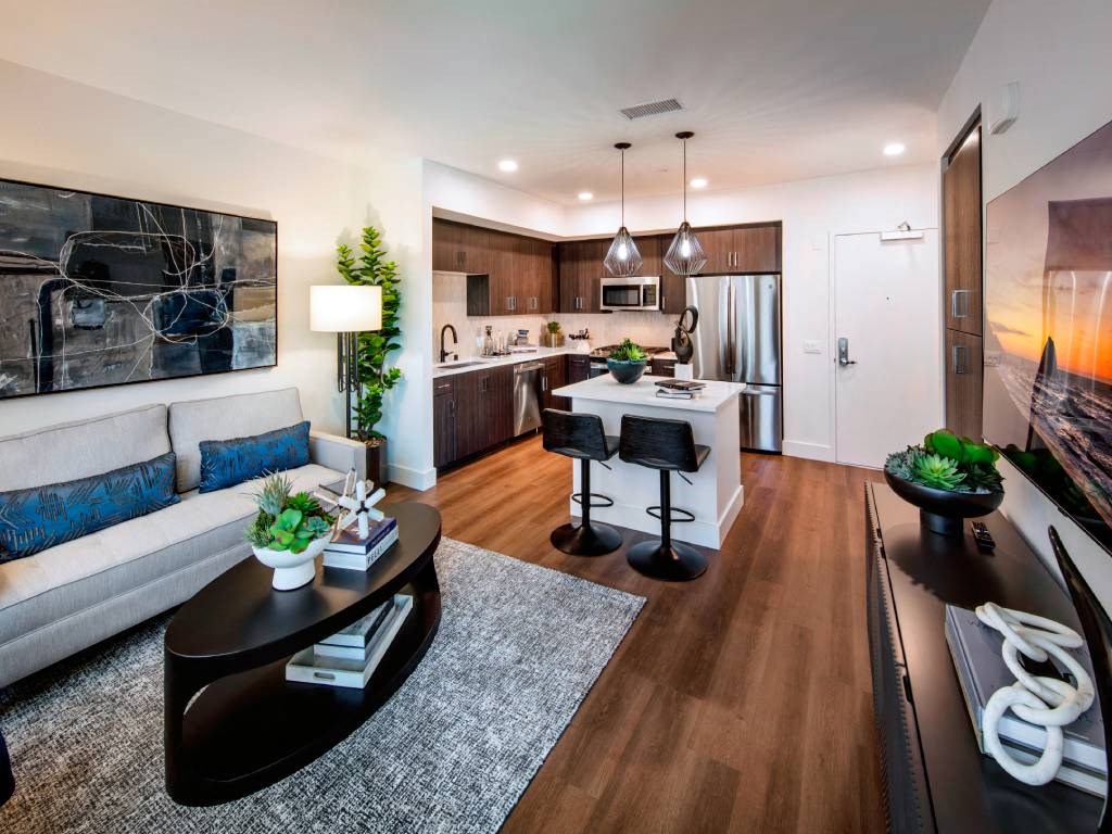 Living Room With Kitchen View at The Hub, San Diego, CA, 92131