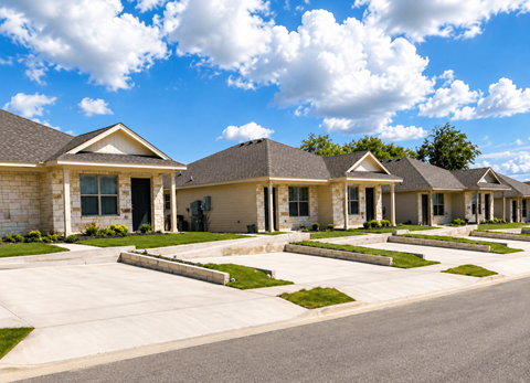 A row of houses with driveways in front.