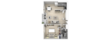 A top-down view of a two-bedroom apartment with a living room, kitchen, and bathroom.