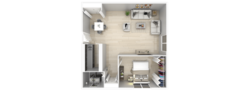 A top-down view of a small, neatly organized apartment with a kitchen, living room, and bedroom.