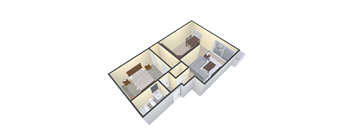 A 3D floor plan of a small apartment with a kitchen, living room, and two bedrooms.