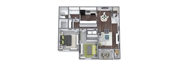 a 3d drawing of the 1 bedroom floor plan with roommates