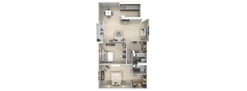 A top-down view of a house layout with multiple rooms and furniture.