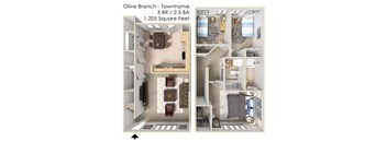 A floor plan of a 3 bedroom, 2.5 bathroom townhome with a total area of 1,205 square feet.