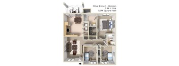 A 3 bedroom, 2 bathroom apartment with a garden is 1,094 square feet.