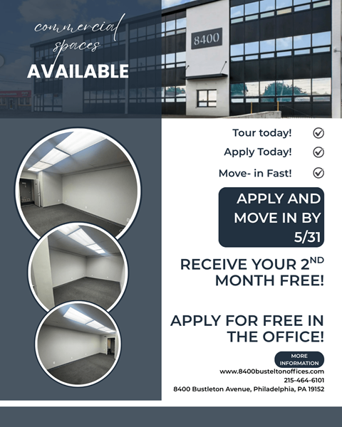 A flyer advertises commercial spaces with a call to action to apply and move in by a specific date to receive a free month.