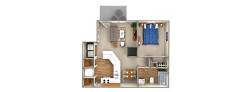 A 3D floor plan of a small apartment with a kitchen, living room, and bedroom.