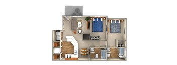 A 3D floor plan of a house with a kitchen, living room, and bedrooms.