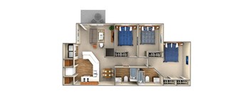 A drawing of a house with a kitchen, living room, and bathroom.