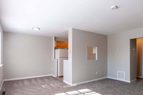 A room with a grey carpet and white walls.