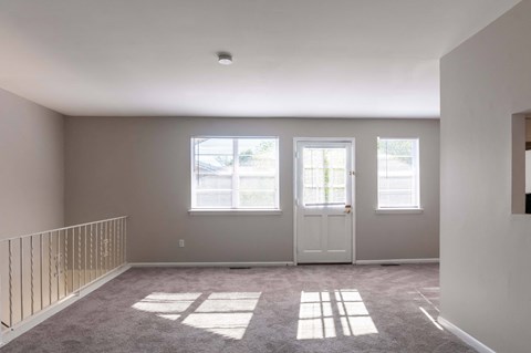 A spacious room with a carpeted floor and three windows.