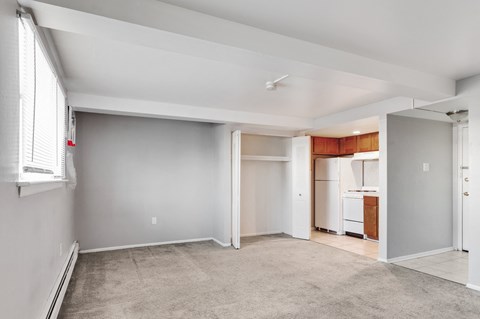 A spacious living room with a kitchen in the background.
