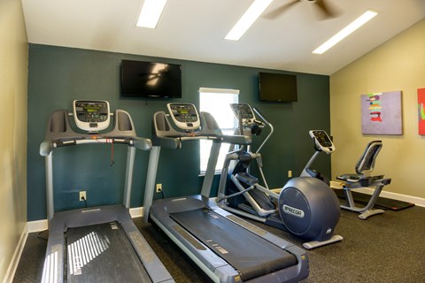 A gym with treadmills and exercise equipment.
