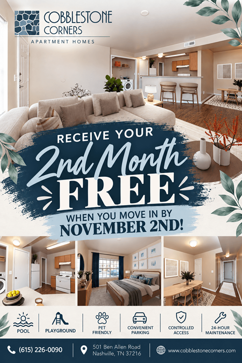 A promotional image for Cobblestone Corners Apartment Homes offering a 2nd month free when you move in by November 2nd.