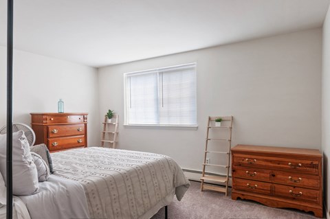 A bedroom with a bed, dresser, and window.