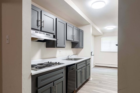 A kitchen with a stove top oven and a range hood.
