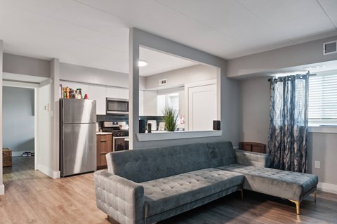 A grey couch in a room with a kitchen in the background.