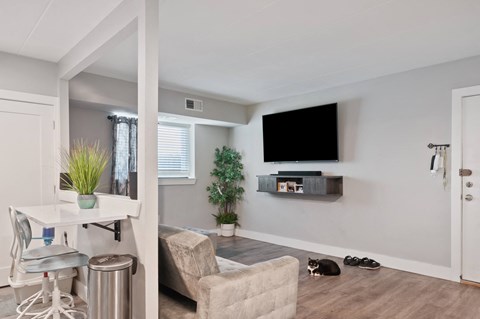 A living room with a white chair, a white table, a beige couch, a black cat, and a TV mounted on the wall.
