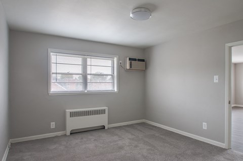 A room with a window, a radiator, and a ceiling light.