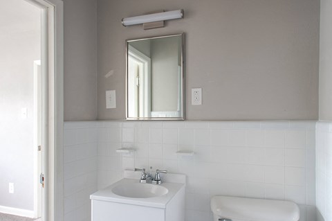 A white sink sits under a mirror in a bathroom.