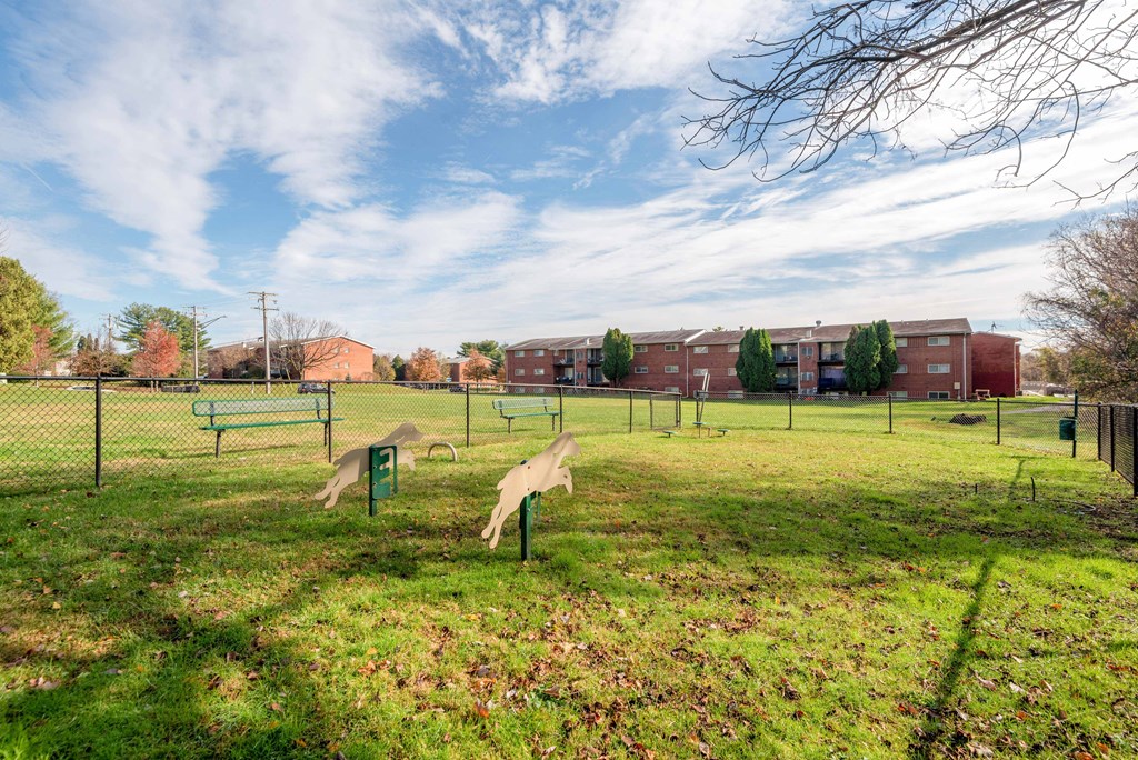 the preserve at cardinal heights dog park with buildings in the background
