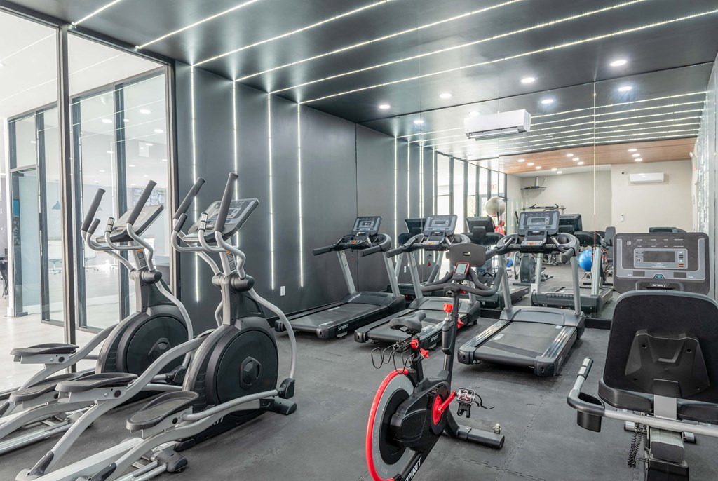 a gym filled with cardio equipment and glass walls