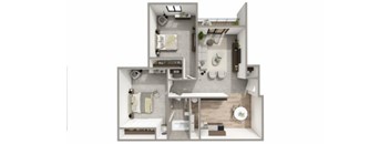 A floor plan of a small apartment with a kitchen, living room, and bathroom.