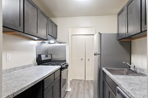 A kitchen with black cabinets and a white door.