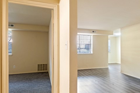 A room with a window and a carpeted floor.