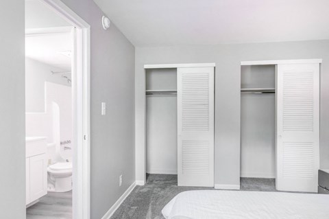 a bedroom with a bed and two closets