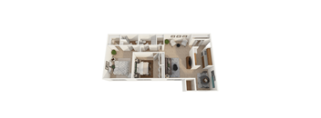 a stylized floor plan with a bedroom and a living room