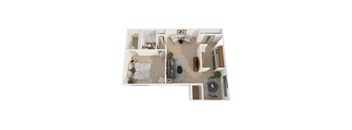 a stylized floor plan with a bedroom and a living room