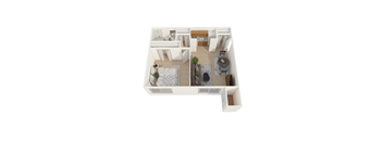 a bedroom with a living room and a dining room