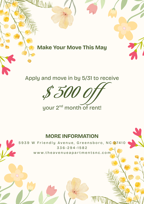 A spring-themed flyer advertises a $500 off promotion for a 2nd month of rent.